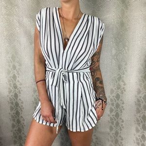 Lf black white striped romper short